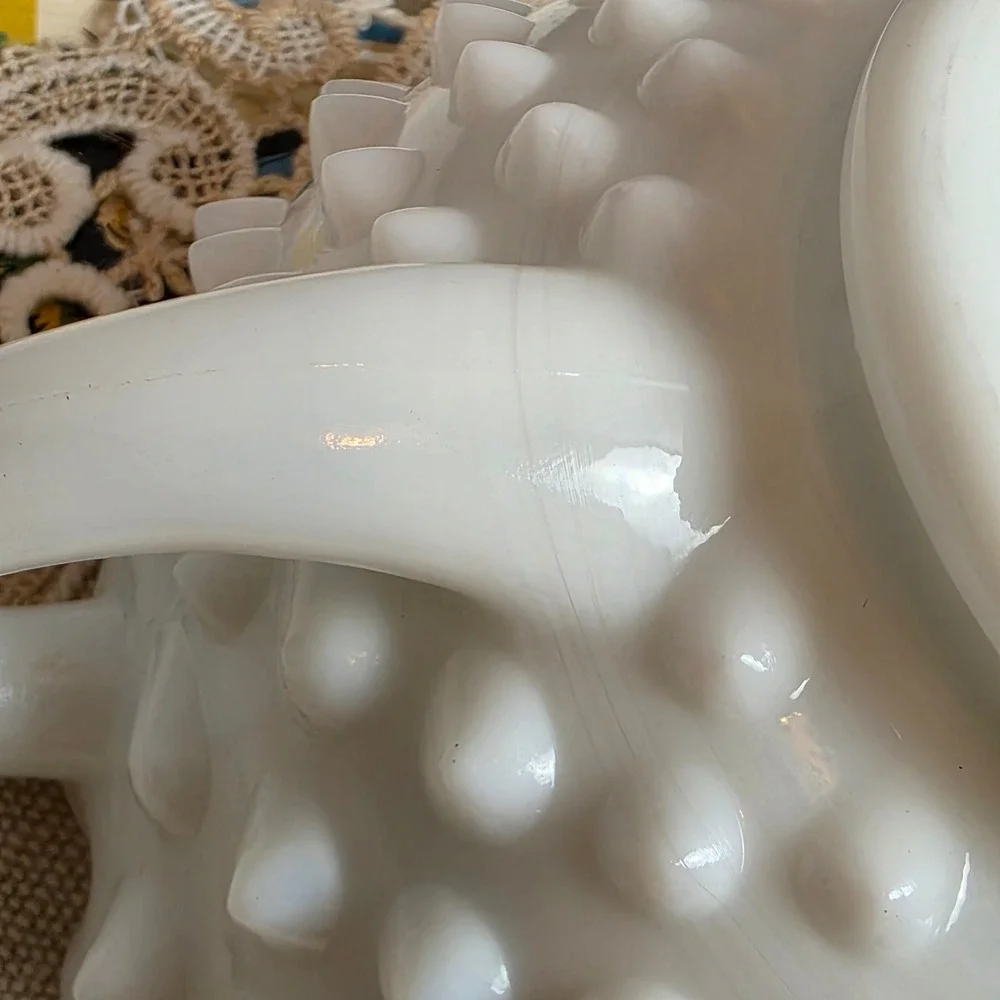 Vintage Fenton Milk Glass Hobnail Candy‎ Dish Double Handled Crimped Edge